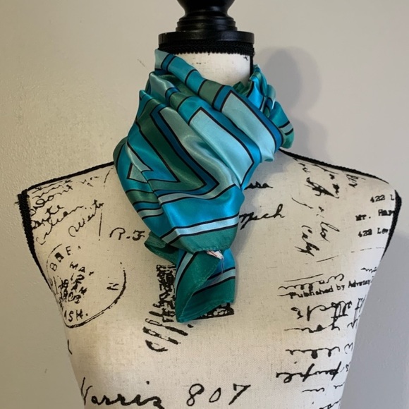 Vintage Paris Neckwear Silk Acetate Geometric Patterned Green and Blue Scarf - Picture 2 of 6